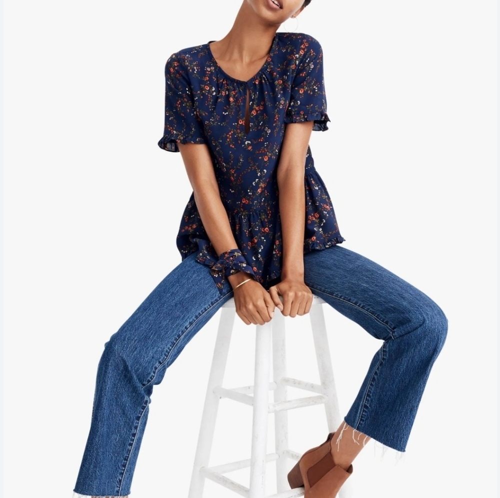 Madewell 100% Silk Ruffle-Hem Top Floral,  size Small